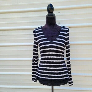 White House Black Market WHBM Striped V-Neck Knit Sweater Open Back Lace Sz S